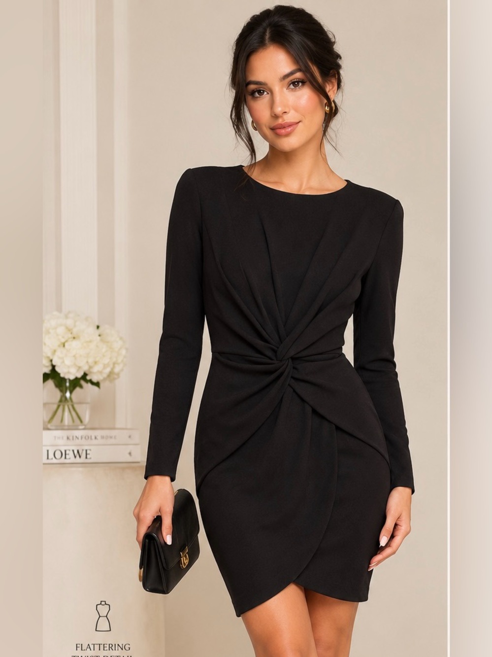 NWT Dress the Population Black Twist Front Long Sleeve Mini Dress XS DateNight